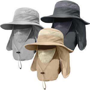3 Pack Mens Outdoor Wide Brim Fishing Hat,UPF 50+ Sun Protection Cap with Face